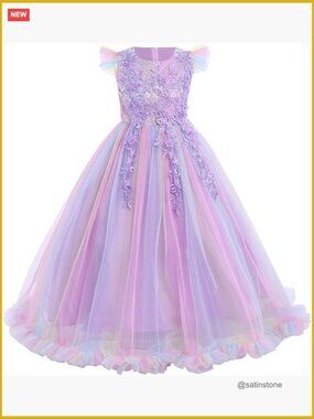 Little Girls Princess Maxi Dress Tulle Spliced Zip Back Party Pageant Communion